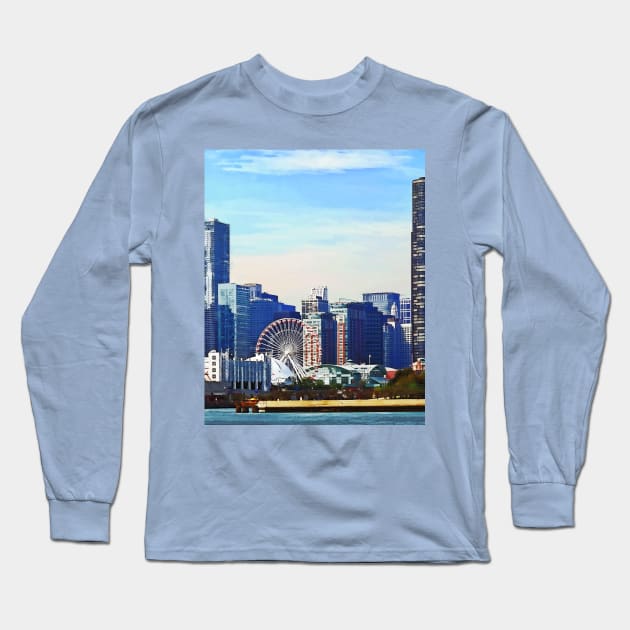 Chicago IL - Chicago Skyline and Navy Pier Long Sleeve T-Shirt by SusanSavad